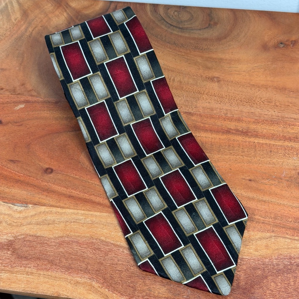 ZIGGURAT Mens Silk‎ Tie Geometric Red Black Gold White Pattern